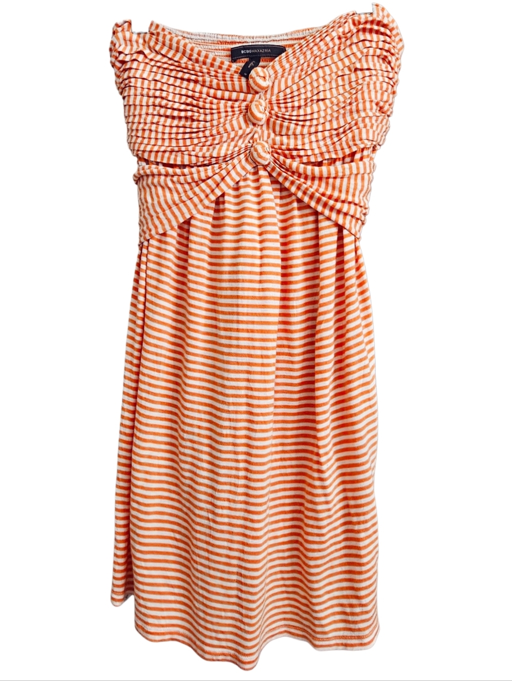 BCBGMAXAZRIA Orange Striped Strapless Rayon Smocked Back Tunic Tank Top Med